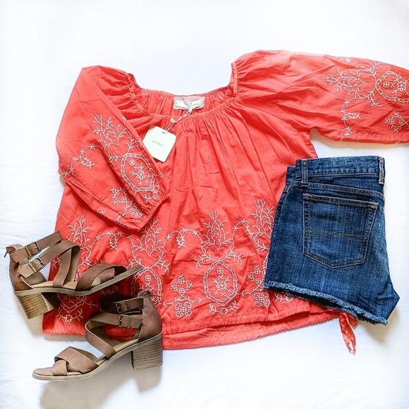 A'Reve Tops - NWT A'reve Anthropologie embroidered blouse coral